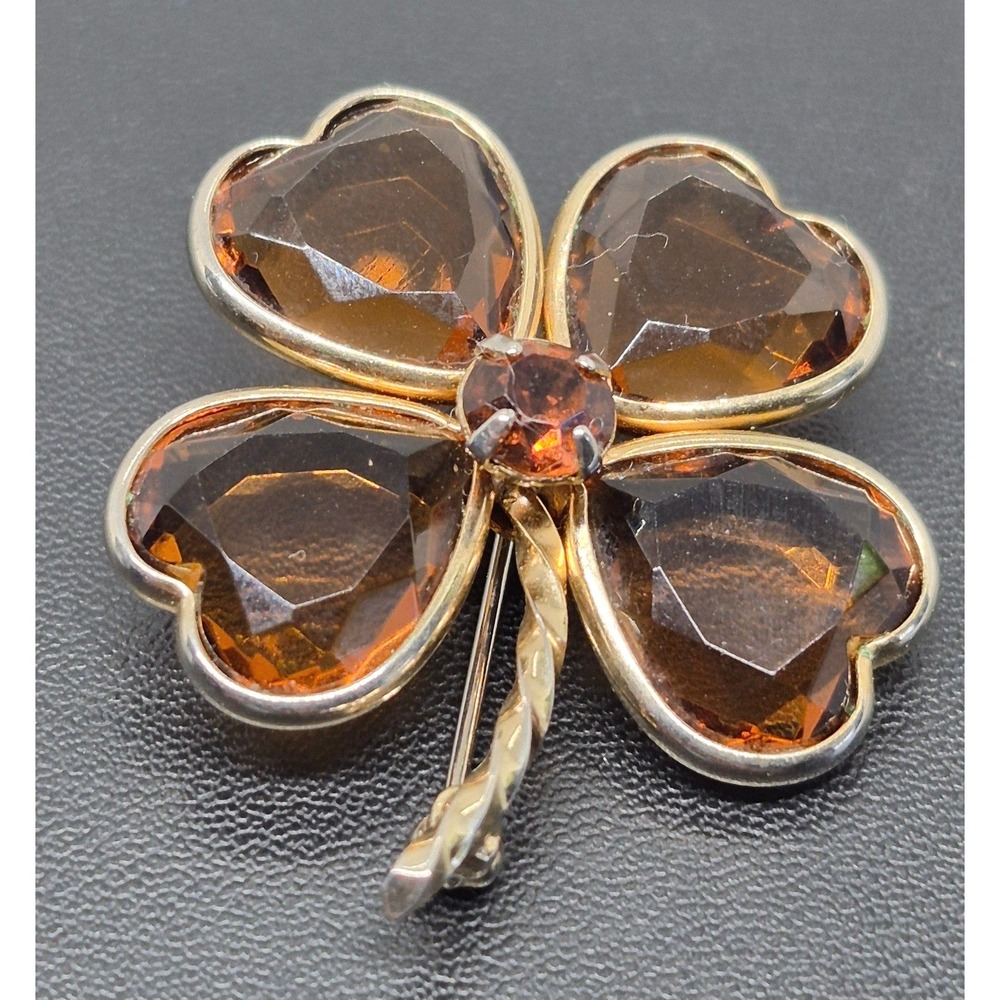 Vintage Four Leaf Clover Brooch Gold Tone Brown Glass Heart Stones Lucky‎